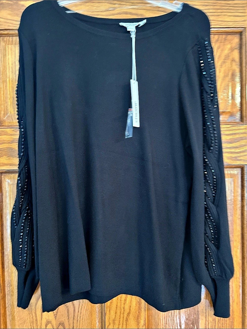 Chico's Beaded Slv Po Embellished Sleeve Blouse in Black Size 2 NWT